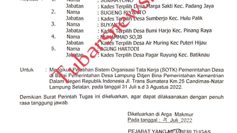 Kadis DPMD Kabupaten Bengkulu Utara Menugaskan 5 Kades Ikuti Pelatihan SOTK di Lampung